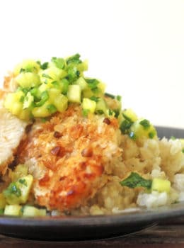 This chicken dish is crusted with macadamia nuts and topped with pineapple jalapeno salsa. Go on a tropical summer vacation in your kitchen! In only 30 minutes!