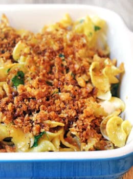 Baked with lots of Parmesan cheese, this pasta is full of classic Caesar salad flavors and topped with a deliciously rich buttery cracker crust. You can also serve this pasta unbaked as a pasta salad at a picnic!