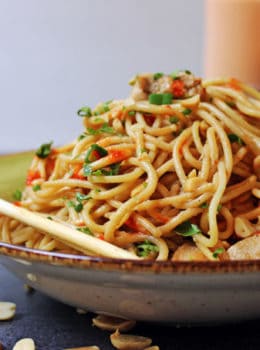 These 5 ingredient noodles are salty and spicy, full of umami and creamy peanut butter. From start to finish in 10 minutes, these are a perfect quick fix when you've had a long day.