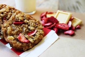 Strawberries, White Chocolate and Oats make for a delicious cookie that is low in calories and fat! With only ¼ cup of butter, these cookies are still chewy and rich despite being a light recipe!