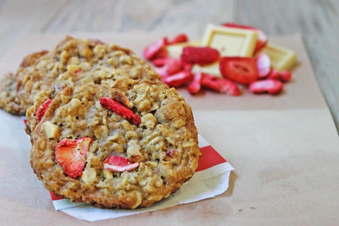 Strawberries, White Chocolate and Oats make for a delicious cookie that is low in calories and fat! With only ¼ cup of butter, these cookies are still chewy and rich despite being a light recipe!