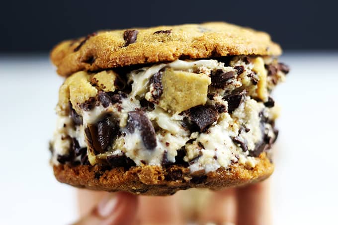 The Ultimate Cookie Dough Ice Cream Sandwich! What makes it The Ultimate? We start with cookie dough flavored ice cream (yes the ice cream itself is made with melted eggless cookie dough, mixed with large chunks of semisweet chocolate and Eggless Chocolate Chip Cookie Dough. Then we sandwich that delicious ice cream with two of the most amazing Chocolate Chip Cookies you'll ever eat in your life.