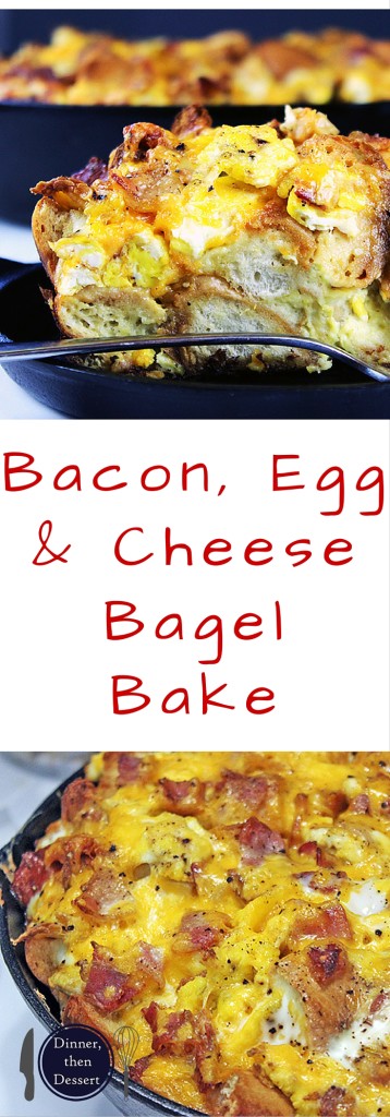 A quick and easy egg bake casserole with all the flavors and textures of a egg, bacon and cheese bagel sandwich. You can even make it ahead, the night before and just bake it off in the morning.