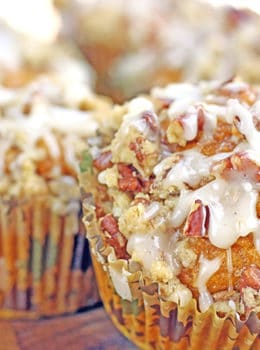 A delicious pumpkin muffin topped with a pecan streusel crunch and drizzled with a maple icing. It is all the amazing flavors of fall all rolled in to a delicious breakfast treat.