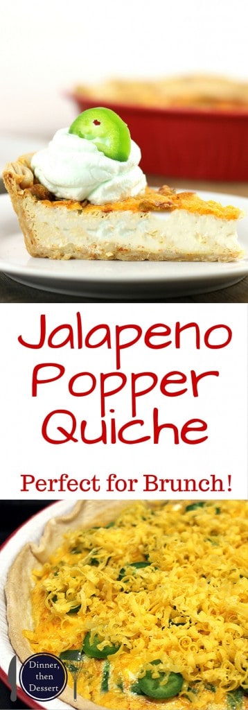Jalapenos, Cheddar Cheese and Cream Cheese baked into a delicious pie crust. Your favorite Jalapeno Popper flavors in a quiche!