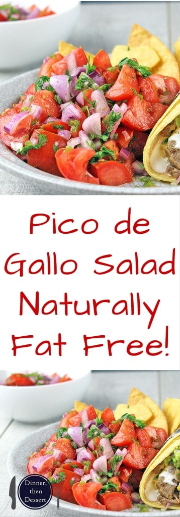 Pico de Gallo salad made with fresh tomatoes, red onions, jalapenos, cilantro and lime juice. You would expect it to be spicy, but the flavors work perfectly and this dish stands out as a delicious side to a great Mexican meal. Go ahead and add some cheese to your tacos because this salad has no fat!! You could eat the whole bowl completely guilt free!