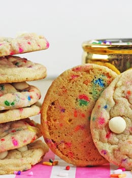 Chewy, crispy delicious cookies that taste like a delicious birthday cake covered in sprinkles! A perfect treat for a birthday lunch or a birthday party dessert table, these cookies will put a huge smile on your face.