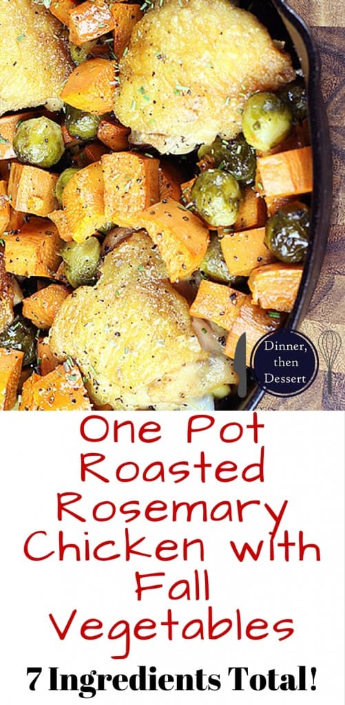 Made in one skillet, this One Pot Roasted Rosemary Chicken with Fall Vegetables is full of flavor even though it only has seven ingredients, TOTAL. Yes, seven ingredients for the whole meal, and only one pan to get dirty. This is the perfect meal to make on a school night when you’re looking for something healthy, hearty and well balanced.