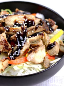 Spicy hoisin topped marinated Asian chicken is served over wilted cabbage, carrots and sticky rice in a quick weeknight meal that is sure to please your palate, your busy night and your need for a healthy meal!