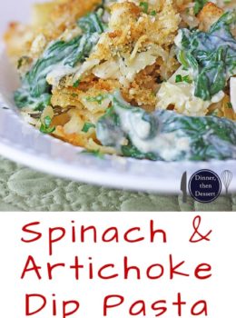 Your favorite Spinach and Artichoke Dip in a pasta bake with a Parmesan Buttery Cracker crust! Made with Mozzarella, Parmesan, cream cheese and sour cream with fresh spinach and artichoke hearts.