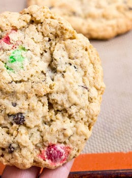Super Chewy Oatmeal Raisin M&M Cookies are full of oats, raisins, M&Ms, brown sugar (this makes them super moist and chewy) and they stay fresh covered for a week...if they last that long!