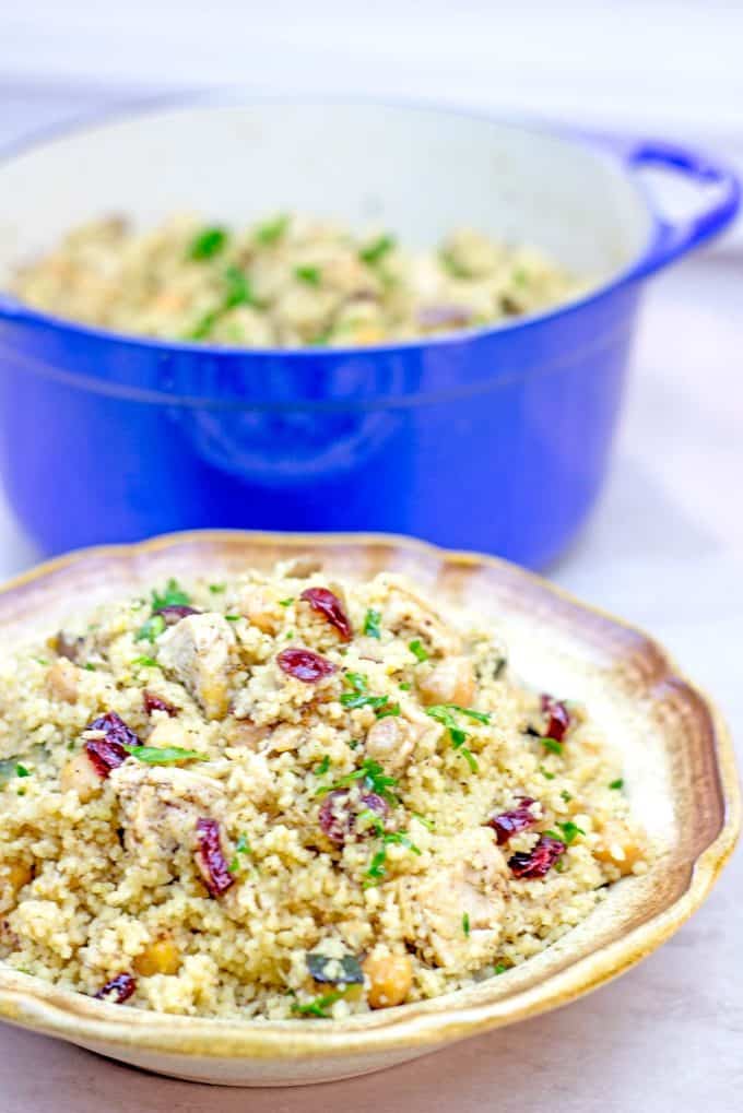 One pot Moroccan Chicken Couscous with Vegetables is a quick dinner that is done in less than 30 minutes. Healthy, full of warm spices with burst of bright flavor from the cranberries and lemon juice.