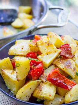 Roasted Potato Salad with Dijon Vinaigrette is the perfect summery side dish to you BBQ menu with just five ingredients!