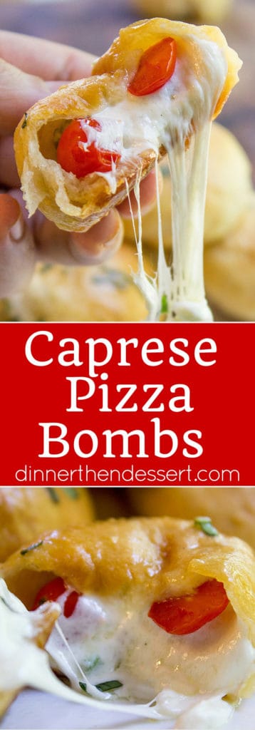 Caprese Pizza Bombs are a quick, fun treat or appetizer with fresh mozzarella, basil and cherry tomatoes. Plus the stretchy cheese factor is amazing.