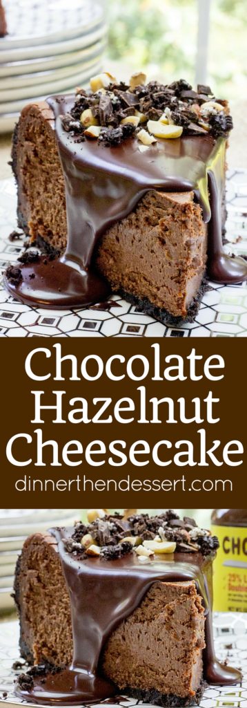 Rich Chocolate Hazelnut Cheesecake made with Chocmeister Milk Chocolatey Hazelnut Spread, a chocolate cookie crust and a thick, glossy chocolate ganache.