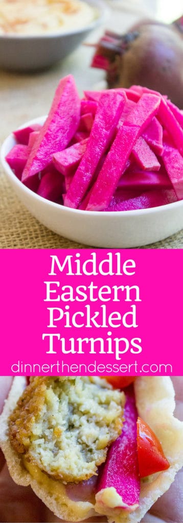 Pickled Turnips are the pickle of the Middle East, vinegary, a bit of heat and completely addicting and they are the perfect complement to your favorite gyro, falafel, roast chicken or kebab.
