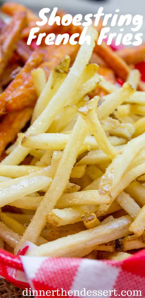 Shoestring French Fries are the perfect French Fries to when you're craving a pile of crispy-crunchy fries and they're crispy longer than thicker fries.