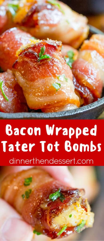 Bacon Wrapped Tater Tot Bombs are an easy appetizer of tater tots and sharp cheddar cheese wrapped in thick cut bacon, rolled in brown sugar and baked. dinnerthendessert.com