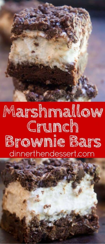 Marshmallow Crunch Brownie Bars are a totally indulgent brownie with three kinds of chocolate, an awesome marshmallow layer and the best brownie base.