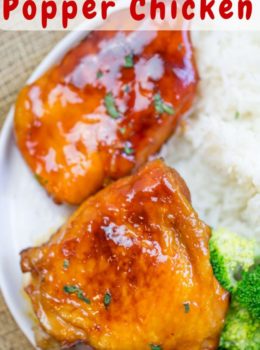 Baked Fire Popper Chicken is made with chicken breasts baked in a glorious honey-brown sugar hot sauce until they're sticky, sweet, spicy perfection!