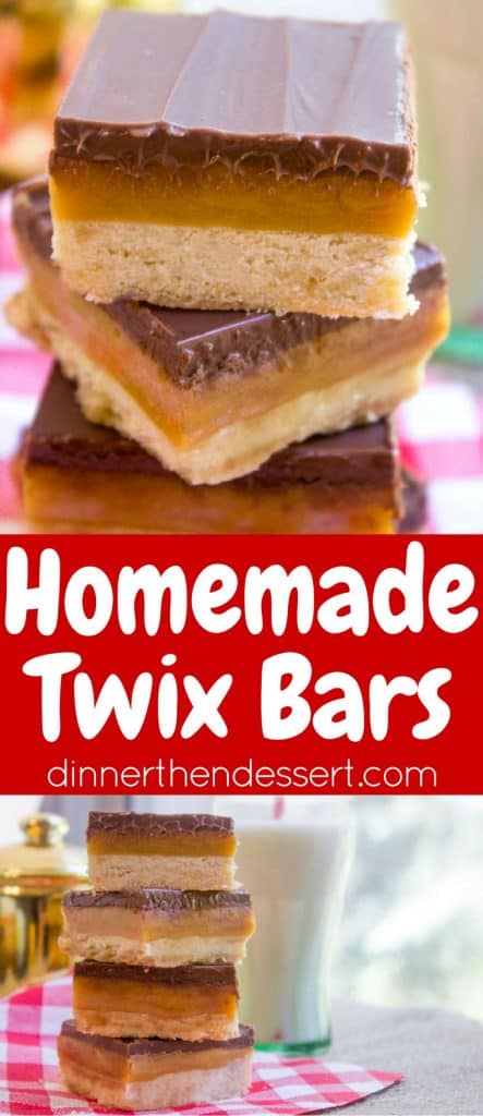 Homemade Twix Bars with a classic shortbread crust, gooey caramel filling and a sweet milk chocolate topping. A perfect homemade candy bar copycat.
