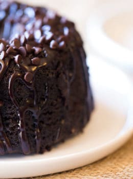 Triple Chocolate Bundt Cake with the richest chocolate cake made from scratch and covered in a dark chocolate ganache and extra chocolate chips.