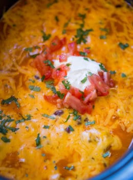 Slow Cooker Chicken Enchilada Dip takes just five minutes of prep with raw chicken, enchilada sauce and veggies topped with a bunch of deliciously melty cheddar cheese.