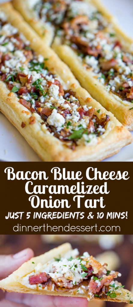 Bacon Blue Cheese Caramelized Onion Tart with just five ingredients total, it is the perfect easy appetizer for a party that can be prepped and frozen ahead of time so you can just bake right before your party!