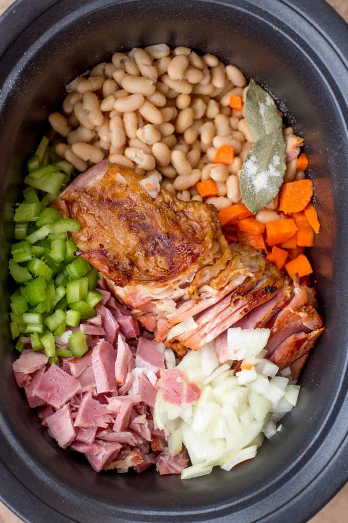What is a quick recipe for making ham and beans in a crock pot?