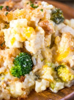 Cheesy Chicken Broccoli Rice Casserole with no canned products is the perfect one pan meal with a creamy sauce and crispy topping your whole family will enjoy.