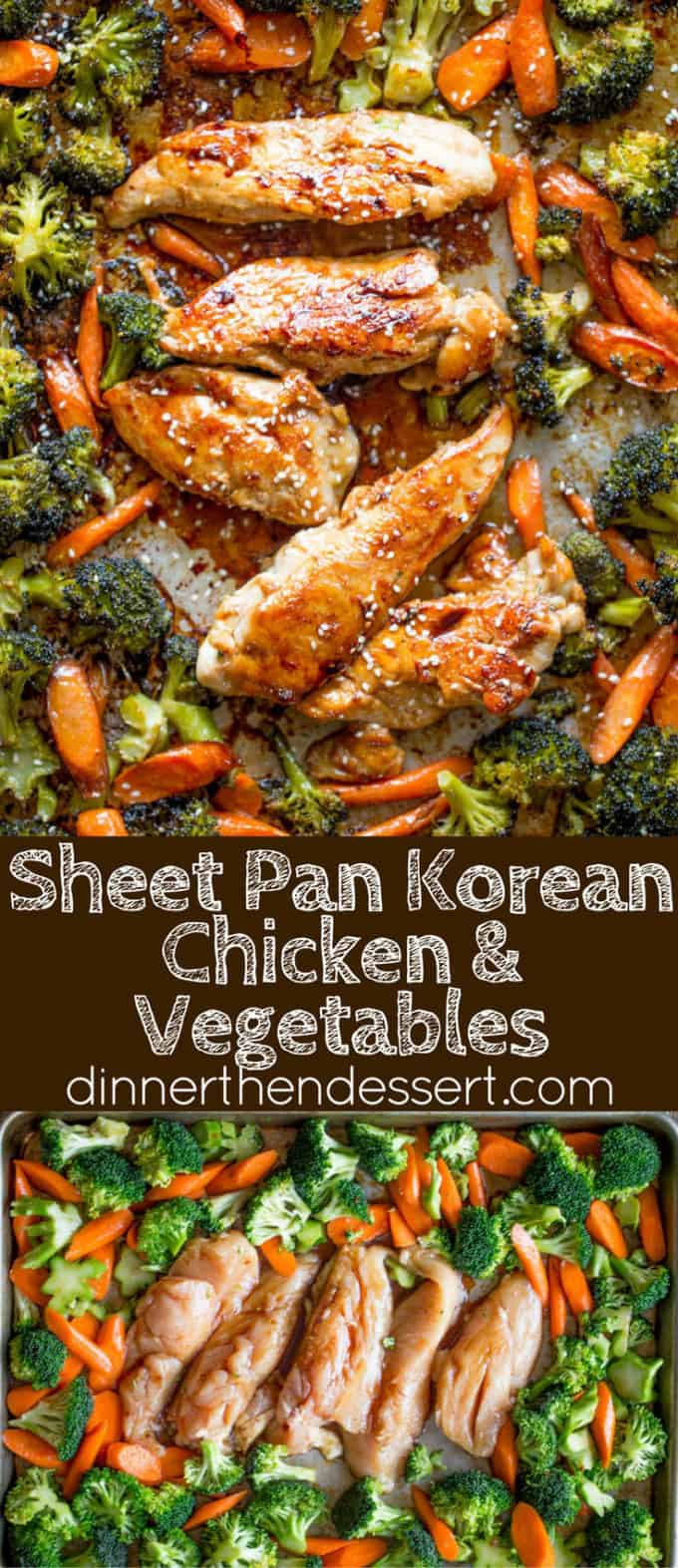 Sheet Pan Korean Chicken and Vegetables are a delicious and easy weeknight meal that cooks in one pan and makes crispy tender vegetables and moist sweet and garlicky chicken.