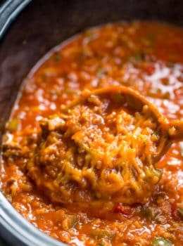 Slow Cooker Stuffed Pepper Soup is made with ground beef, bell peppers, onions and tomato sauce. All the flavors of your favorite stuffed peppers with half the effort.