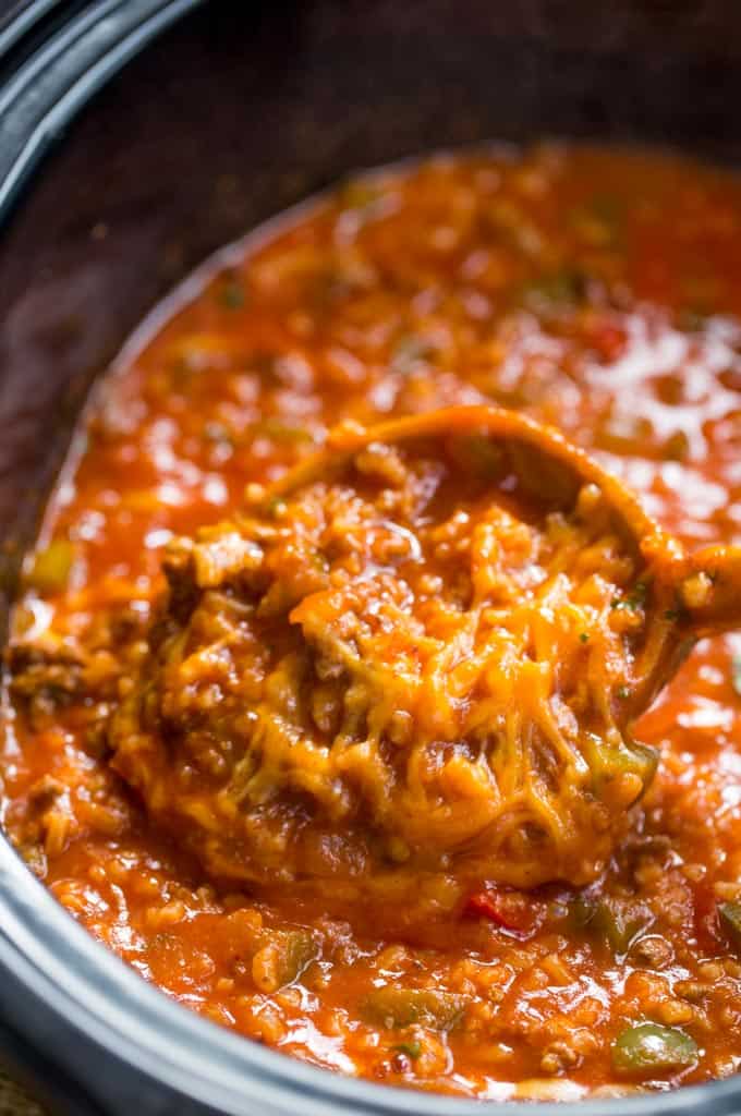 Slow Cooker Stuffed Pepper Soup is made with ground beef, bell peppers, onions and tomato sauce. All the flavors of your favorite stuffed peppers with half the effort. 