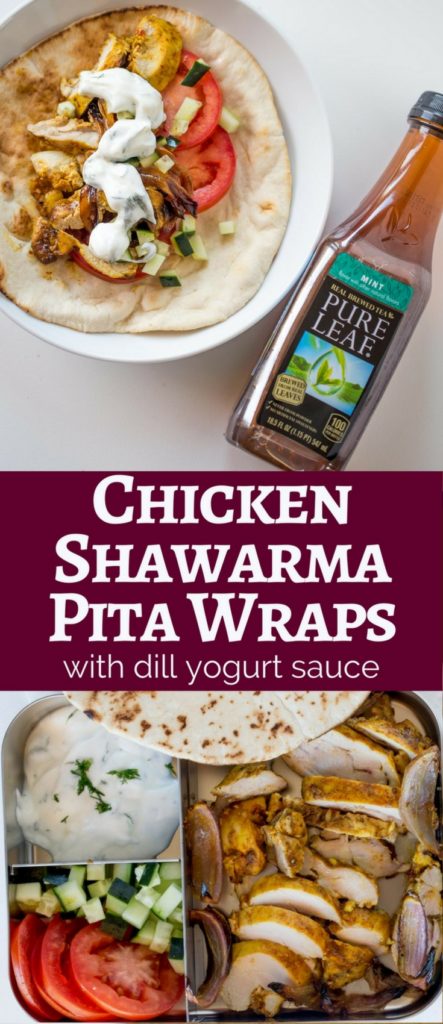 Chicken Shawarma Pita Wraps with Dill Yogurt Sauce are baked on a sheet pan with sweet red onions and wrapped in a pita for the ultimate lunch without the long lines at your favorite lunch restaurant.