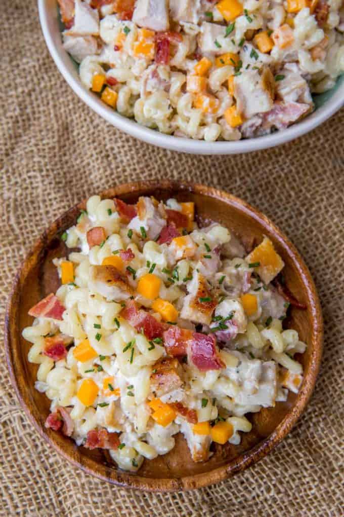 The perfect side dish to your summer bbq is Chicken Bacon Ranch Pasta Salad!