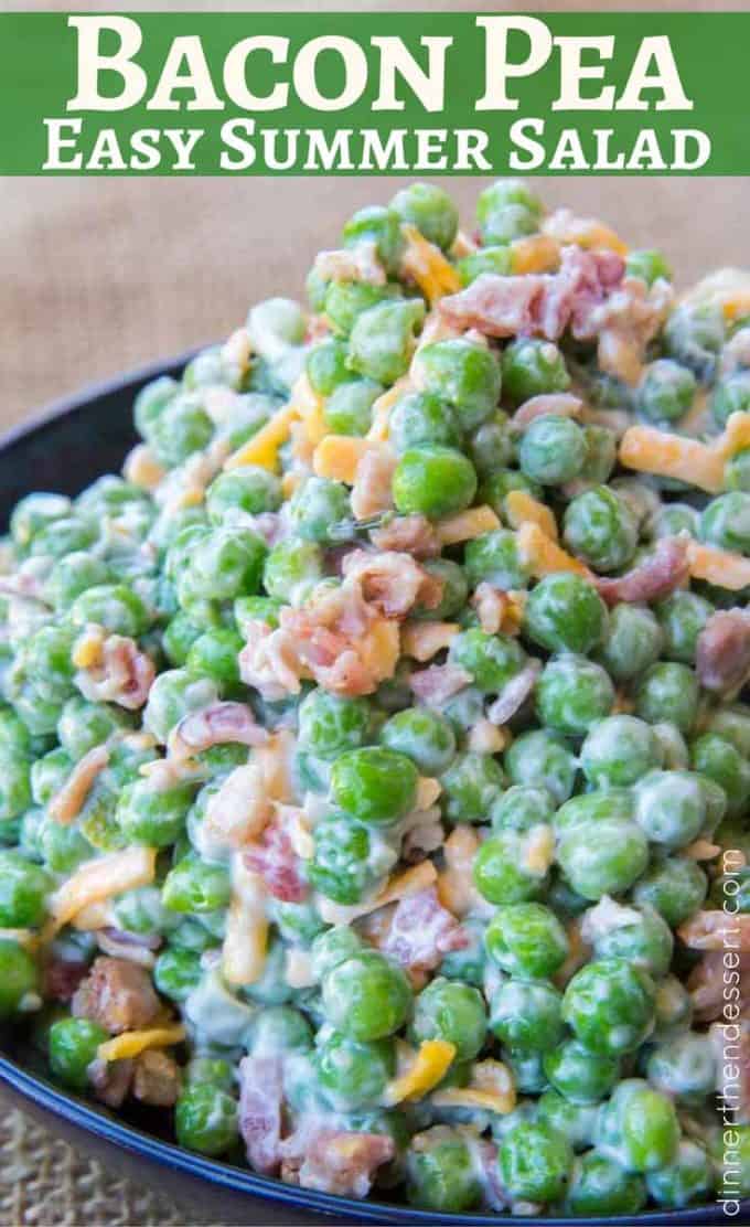 Creamy Bacon Pea Salad with mayonnaise, bacon, cheddar cheese and crunch peas. The perfect southern summer side dish!