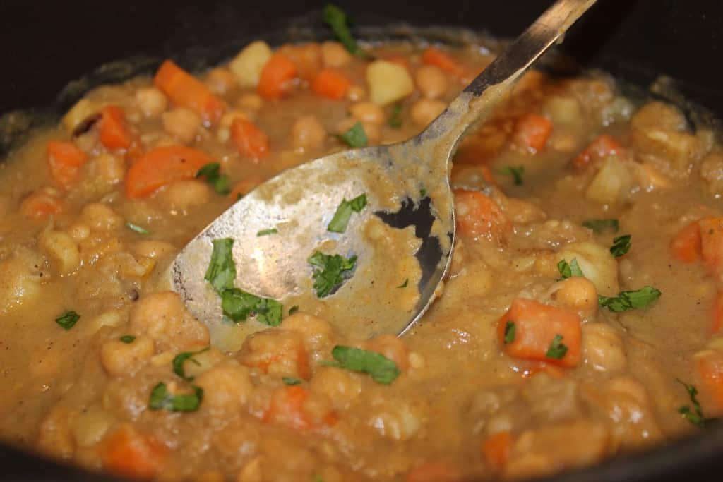 Moroccan Chickpea and Root Vegetable Stew in pot