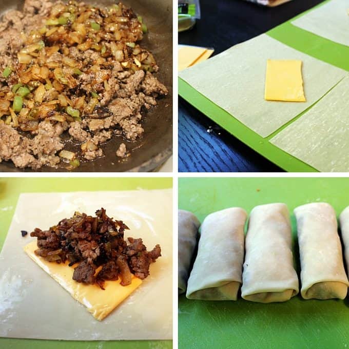 collage of making Cheesesteak Egg Rolls