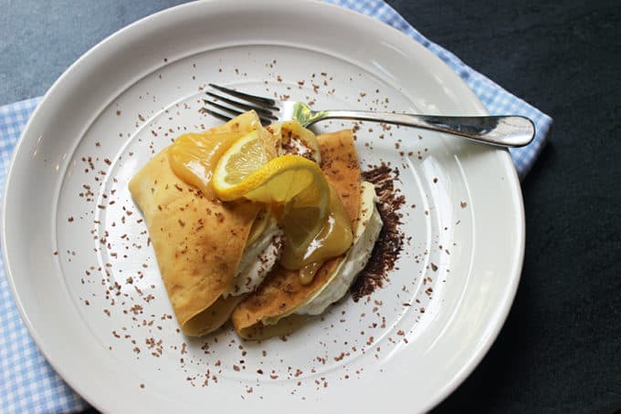 Chocolate Lemon Curd Crepes with Whipped Cream