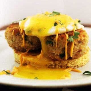 cake with an egg and sauce.