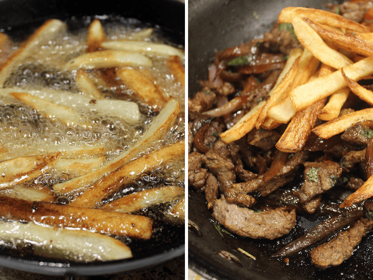 fries cooking and fries with steak 