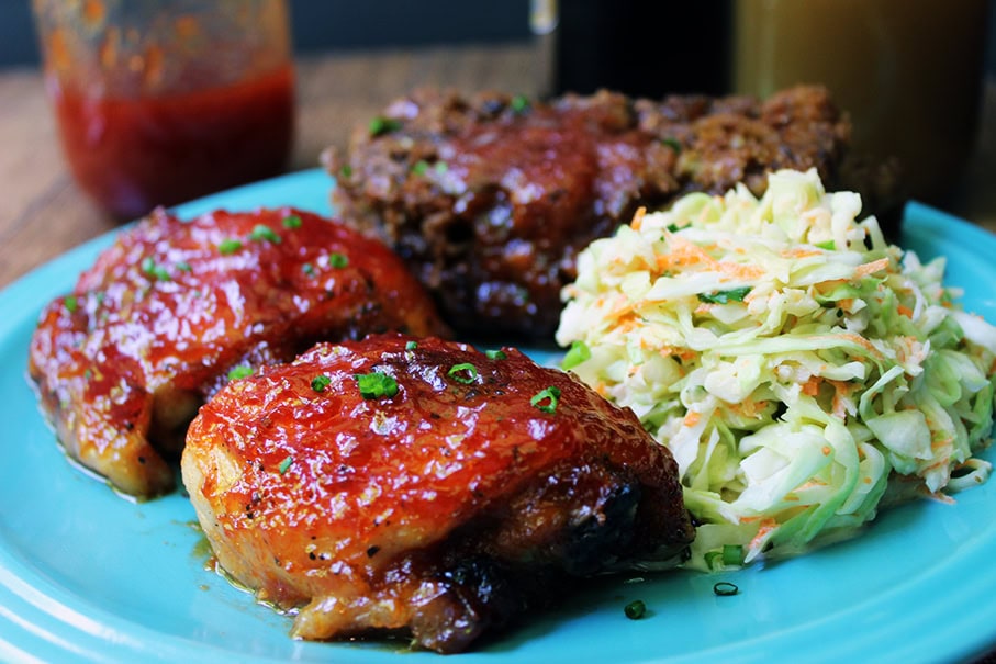 close up of meal on blue plate