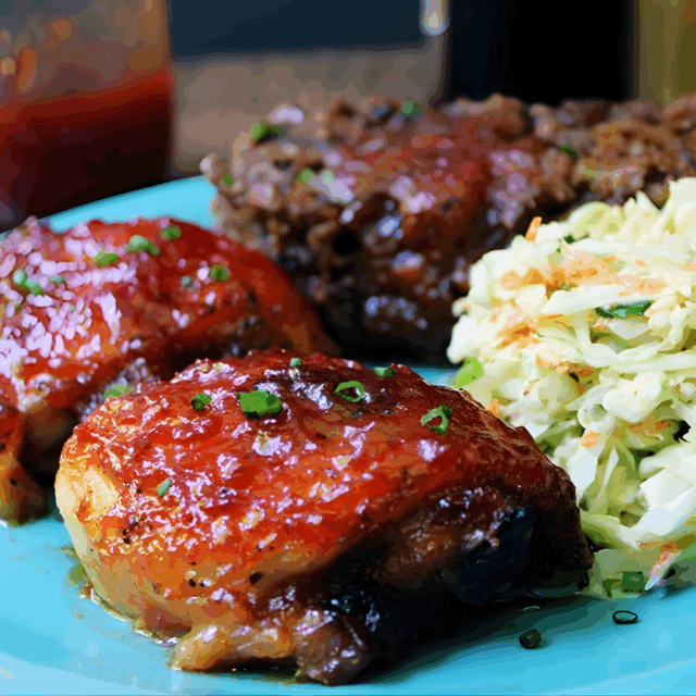tender juicy meat coated in glaze on top of a plate with veggies