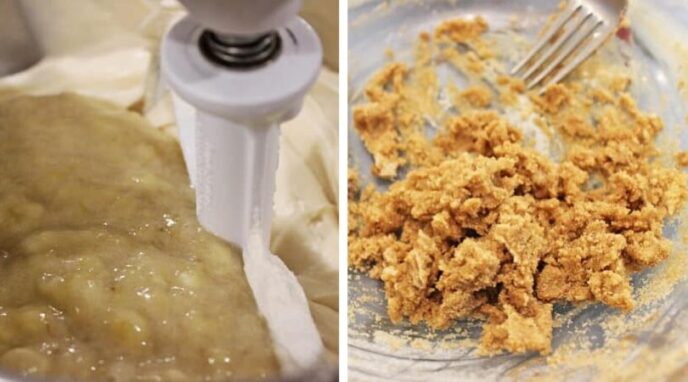 Banana Crumb Muffins in stand mixer and crumb topping