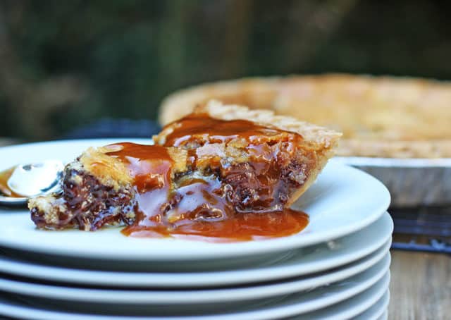 Chocolate Caramel Chip Cookie Pie slice on plate