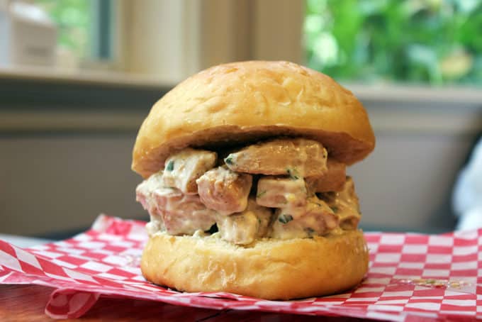 5 Ingredient Tarragon Lemon Chicken Salad Sandwiches are an easy delicious cold chicken sandwich perfect for a picnic or beach day! Refreshing lemon tarragon dressing!