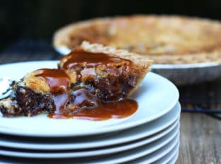 A deliciously melty, warm, chocolate chip caramel cookie baked into a buttery crisp pie crust. Serve alone (this is a very rich pie!) or with ice cream or whipped cream.