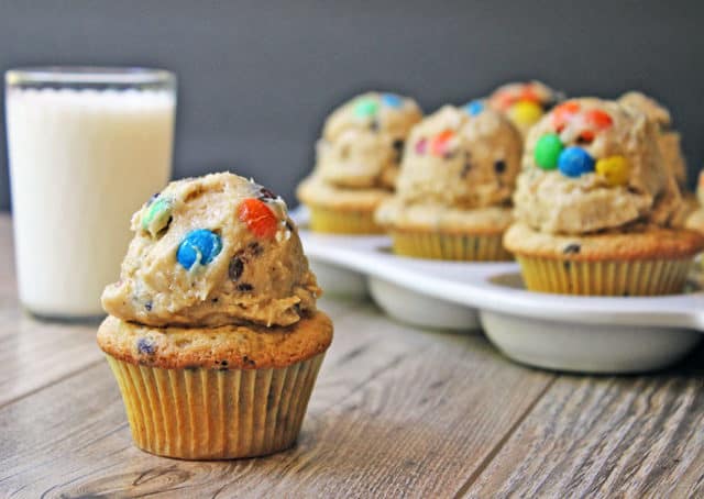 Cupcakes topped with Monster Cream Cheese Cookie Dough Frosting