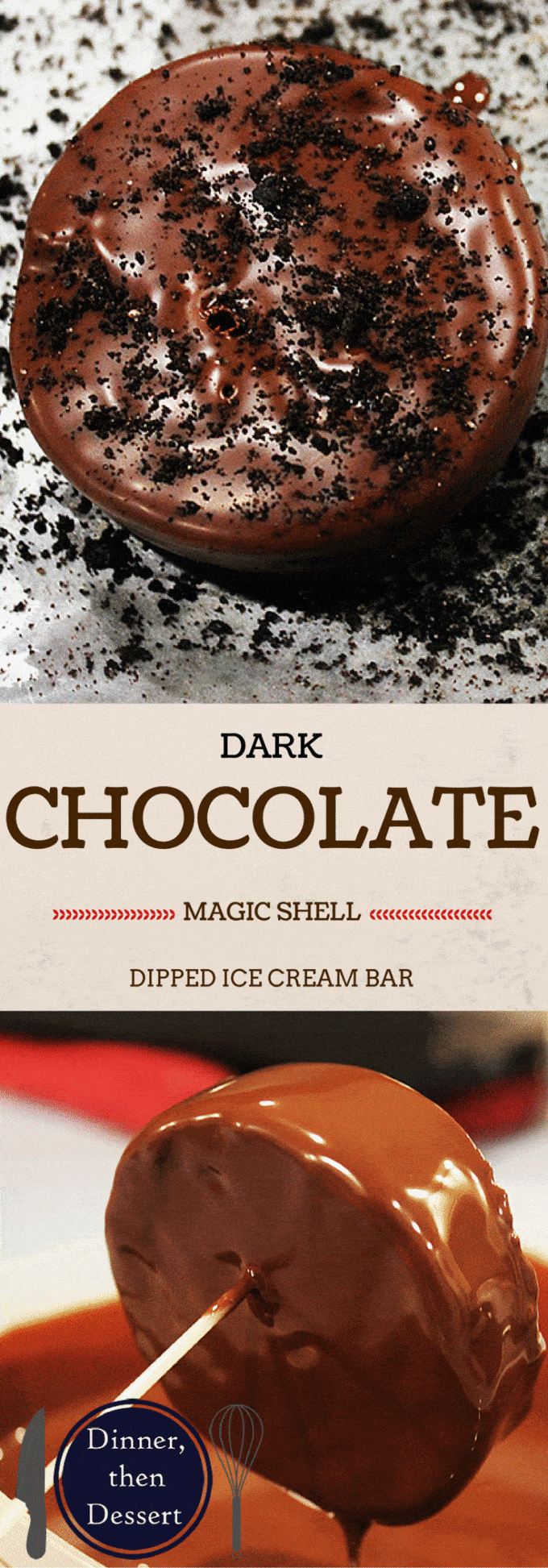 A take on the iconic Klondike Ice Cream Bar. Dark Chocolate Ice Cream dipped in Bittersweet Chocolate Magic Shell!