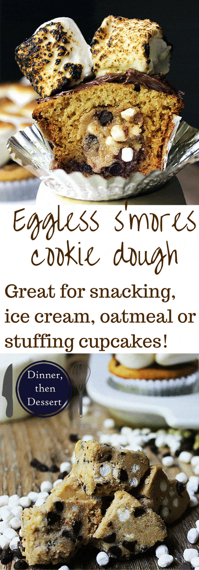 Safe to eat, Eggless S'mores Cookie Dough is a great snack or topping in things like ice cream, baked into cupcakes, or oatmeal. Made with graham cracker crumbs, chocolate chips and mini cereal marshmallows!